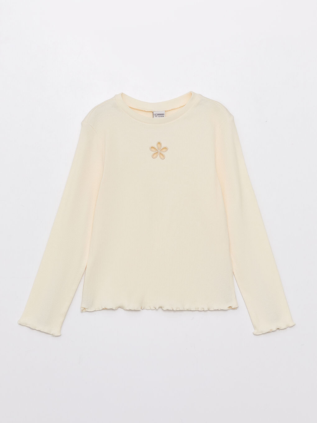 Ekru Bisiklet Yaka Nakışlı Uzun Kollu Kız Çocuk Tişört-4