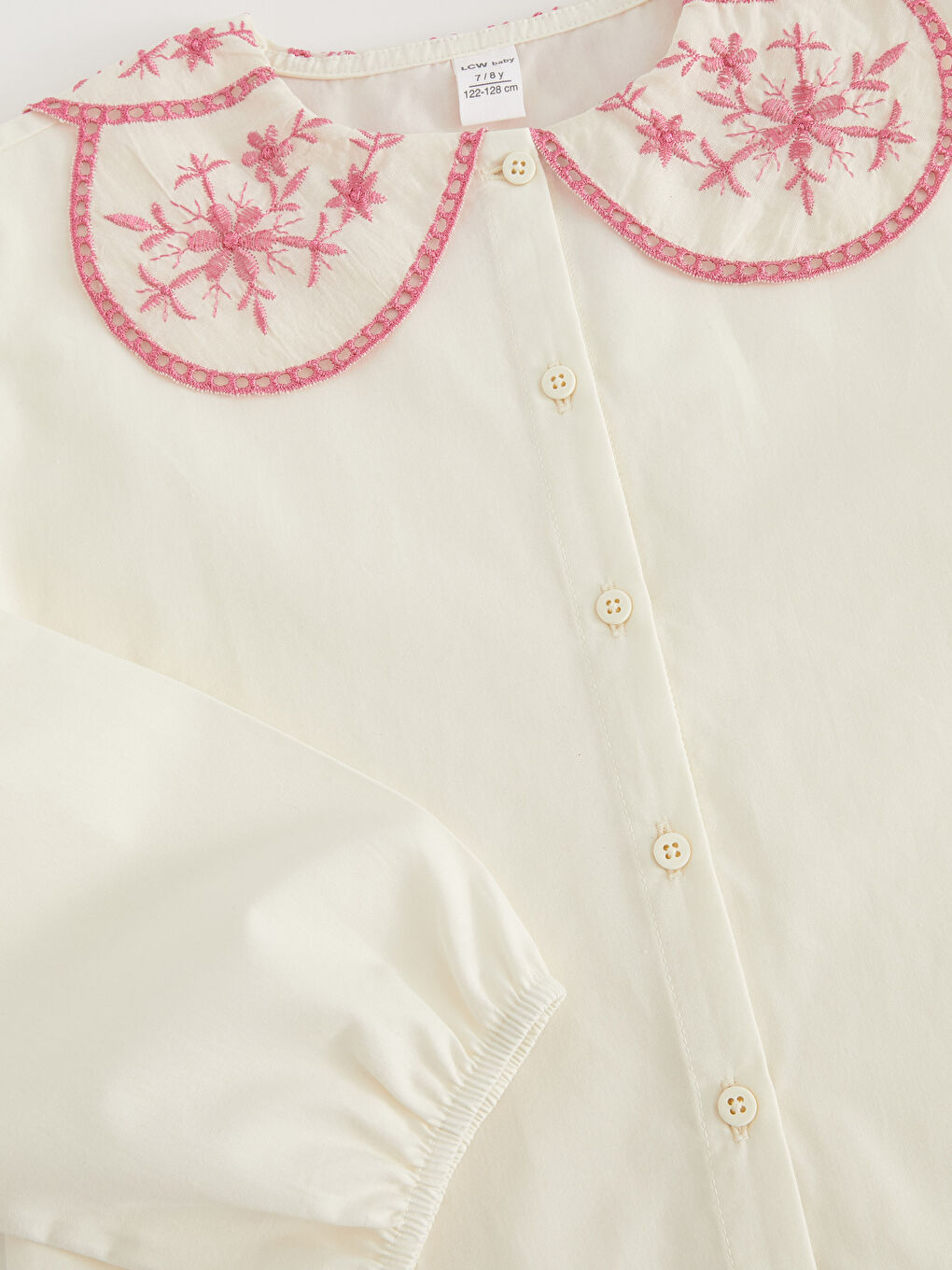 Ekru Bebe Yaka Nakışlı Uzun Kollu Kız Çocuk Gömlek-5