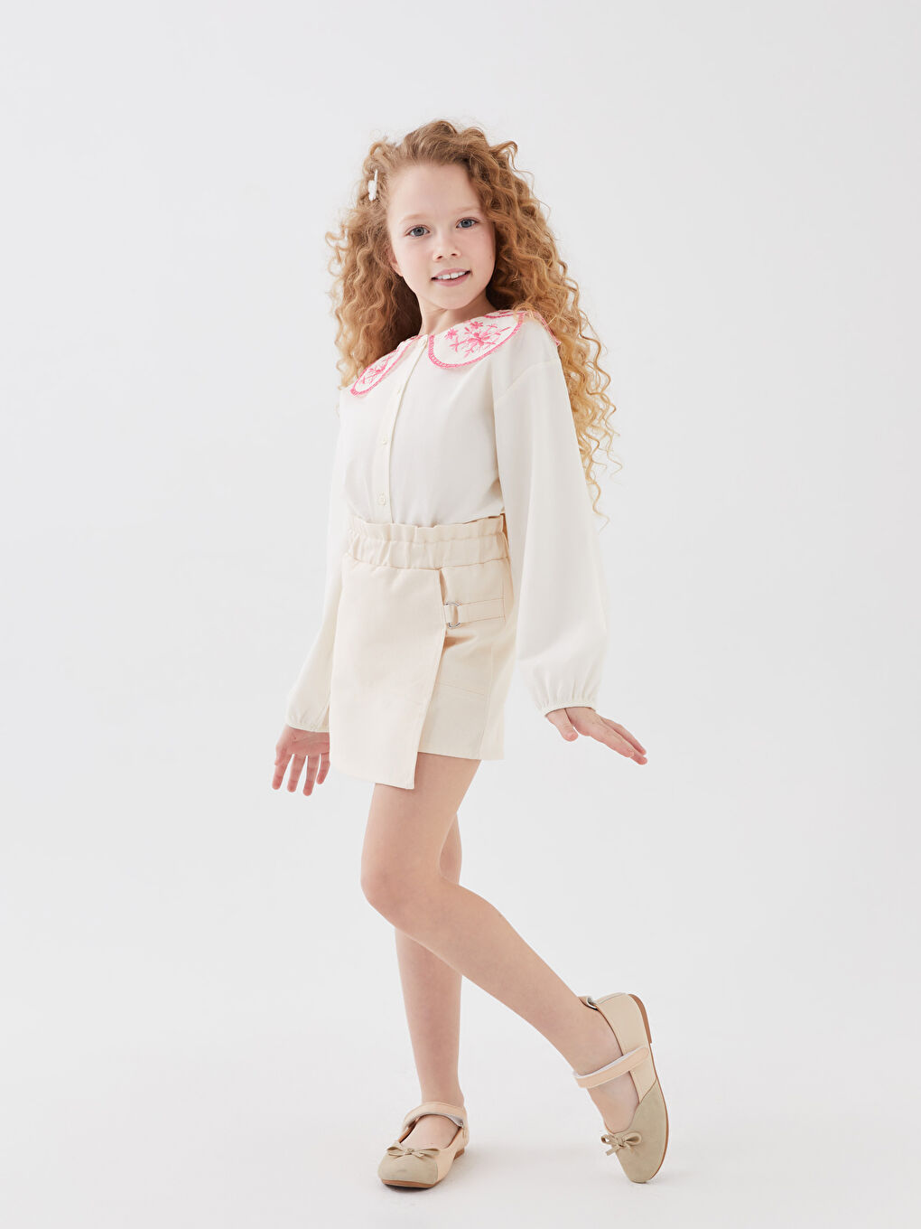 Bej Beli Lastikli Basic Gabardin Kız Çocuk Şort Etek-1