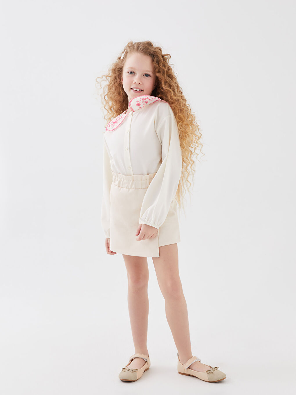 Bej Beli Lastikli Basic Gabardin Kız Çocuk Şort Etek-2