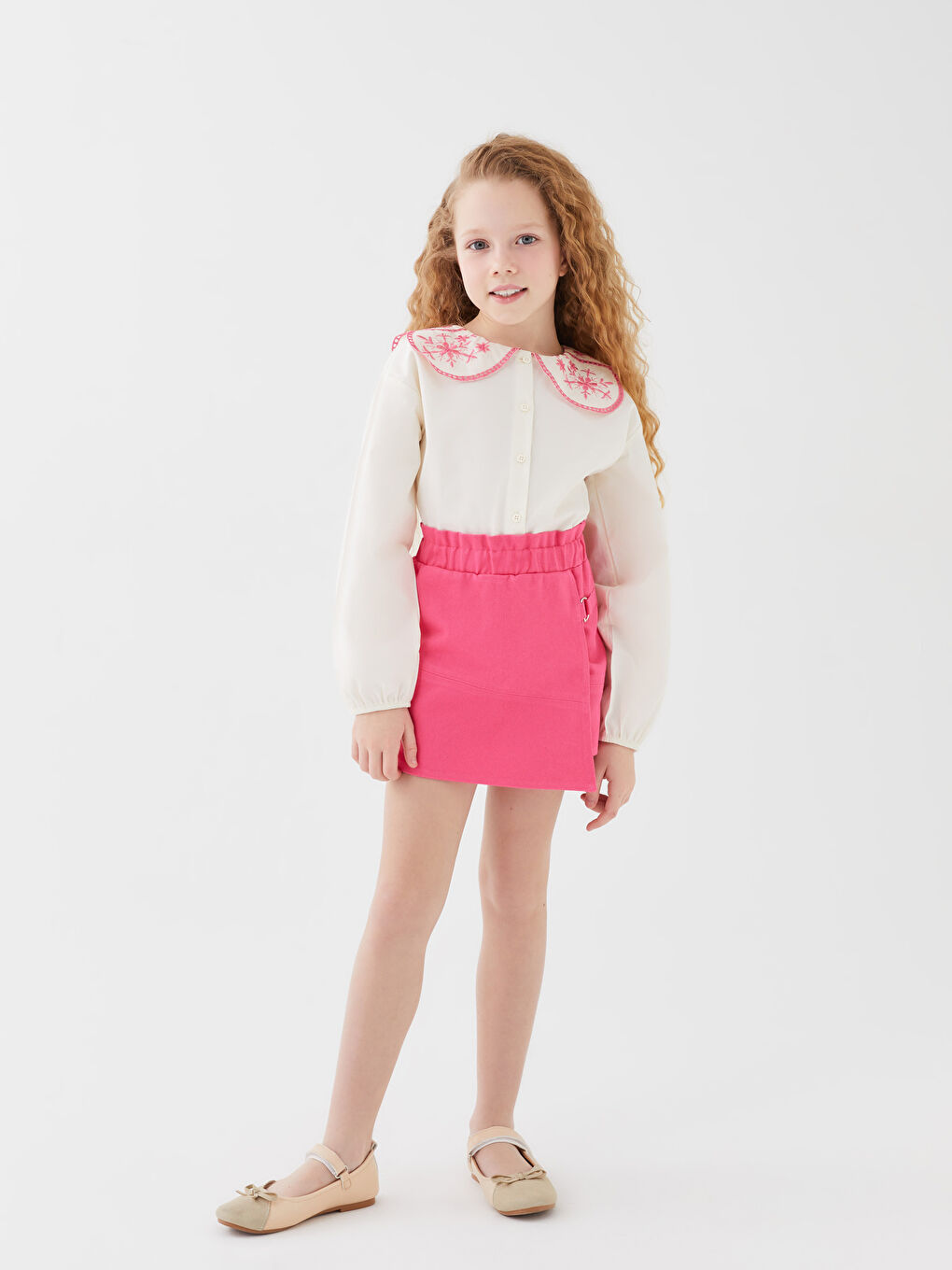 Pembe Beli Lastikli Basic Gabardin Kız Çocuk Şort Etek-1