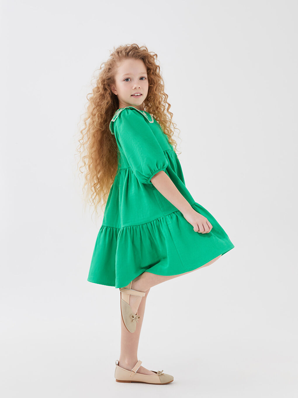 LCW Kids Yeşil Bebe Yaka Nakışlı Kız Çocuk Elbise - 2