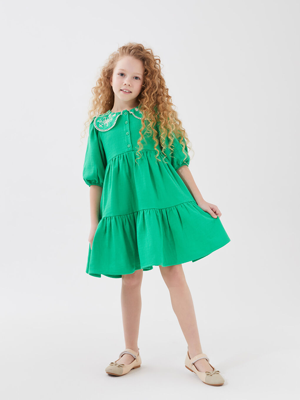 LCW Kids Yeşil Bebe Yaka Nakışlı Kız Çocuk Elbise - 3
