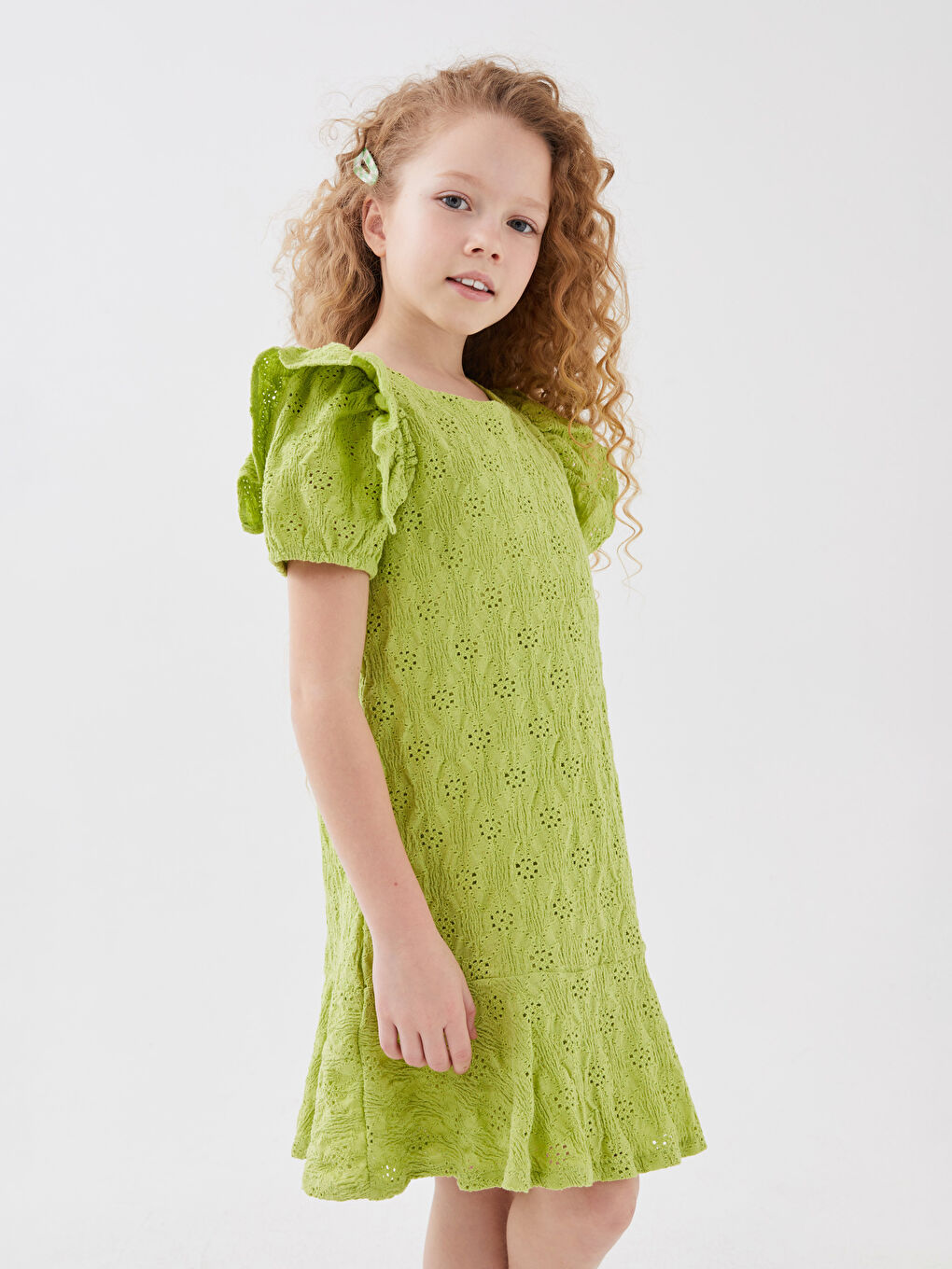 Yeşil Bisiklet Yaka Kendinden Desenli Kız Çocuk Elbise