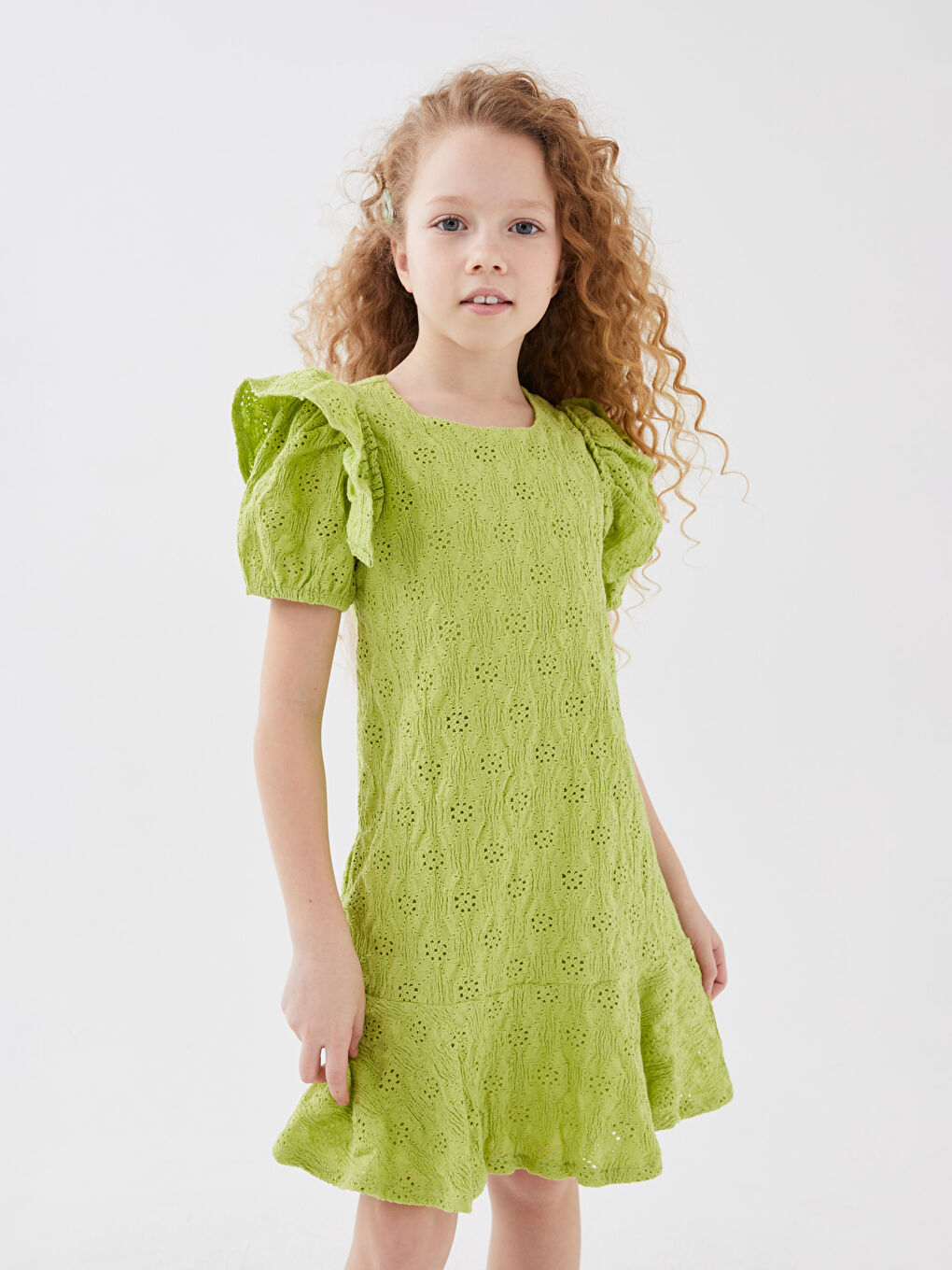 Yeşil Bisiklet Yaka Kendinden Desenli Kız Çocuk Elbise-1
