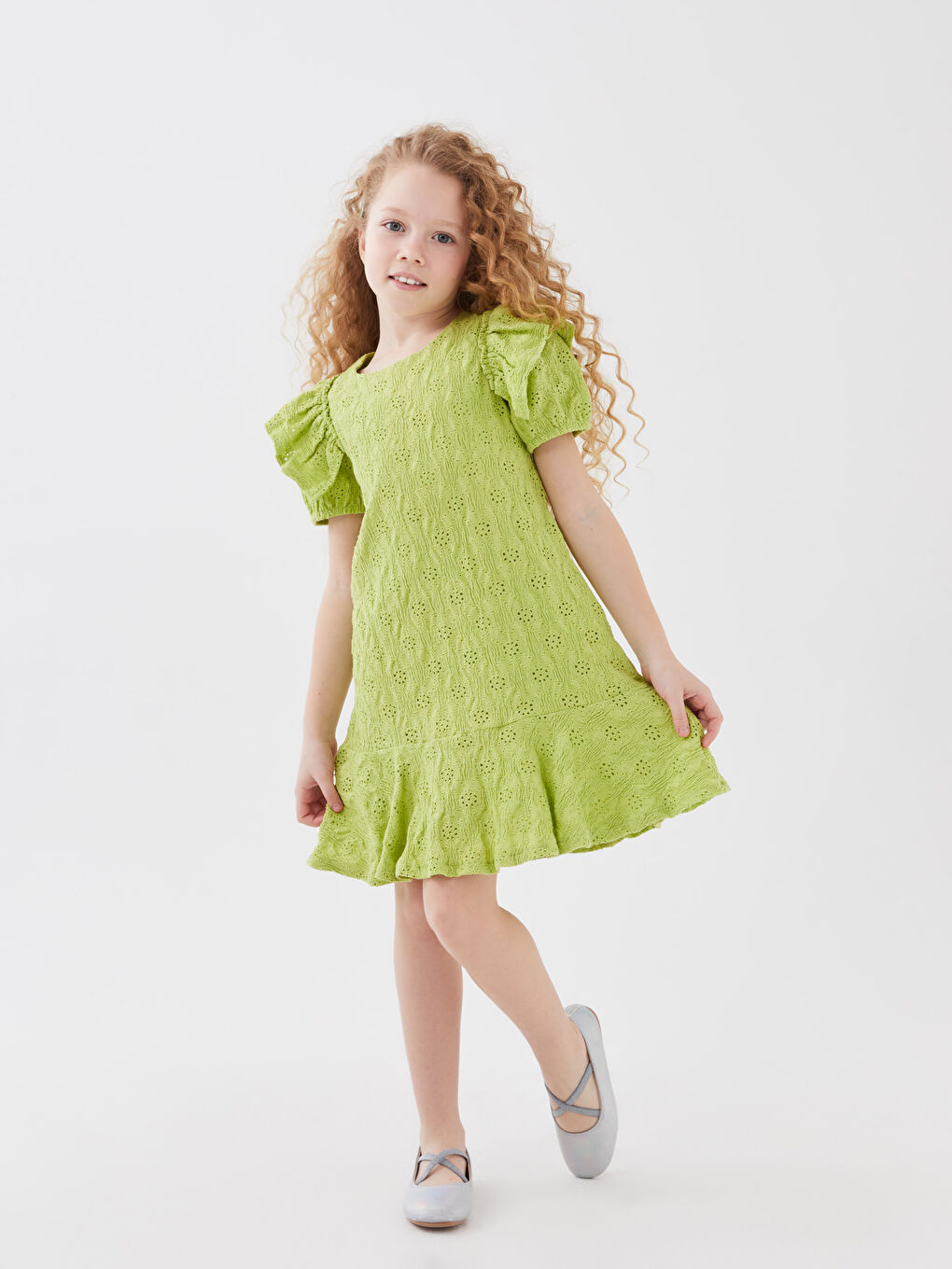 Yeşil Bisiklet Yaka Kendinden Desenli Kız Çocuk Elbise-2
