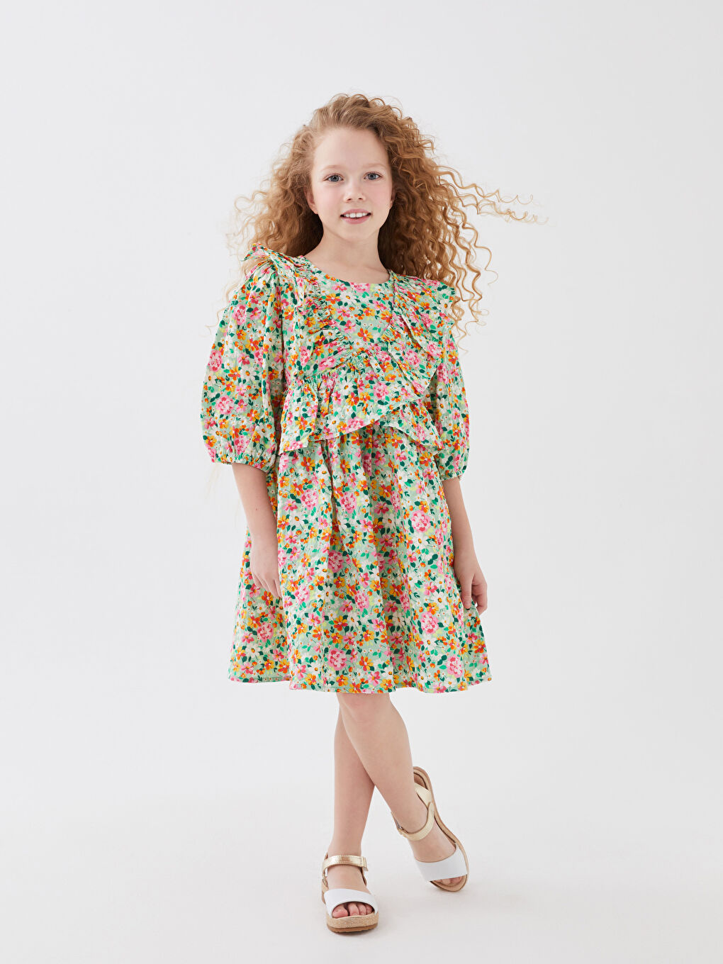 Yeşil Bisiklet Yaka Desenli Kız Çocuk Elbise
