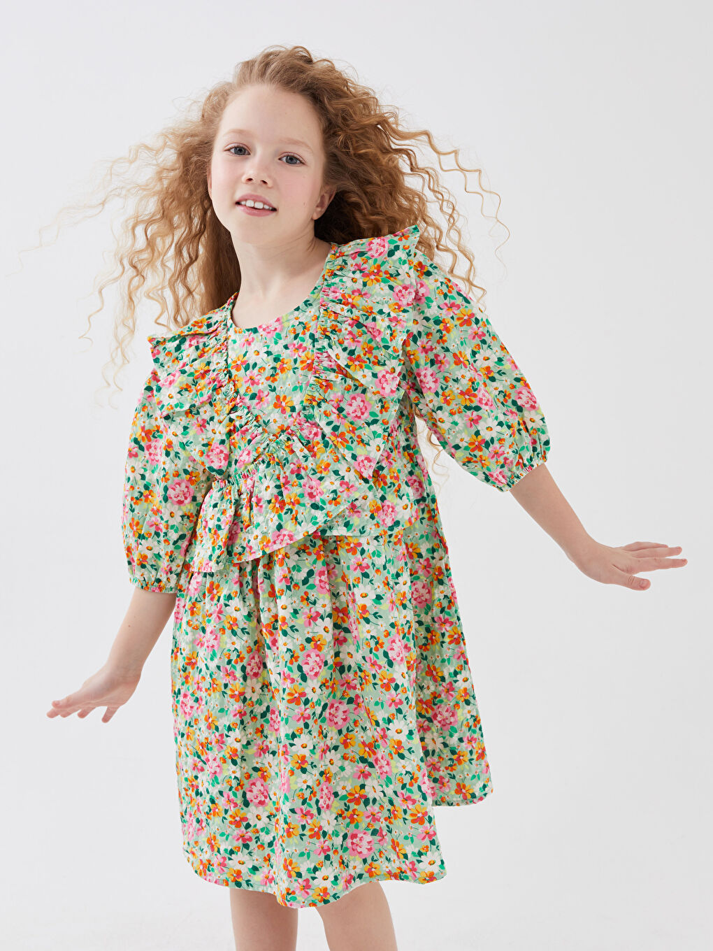 Yeşil Bisiklet Yaka Desenli Kız Çocuk Elbise-1