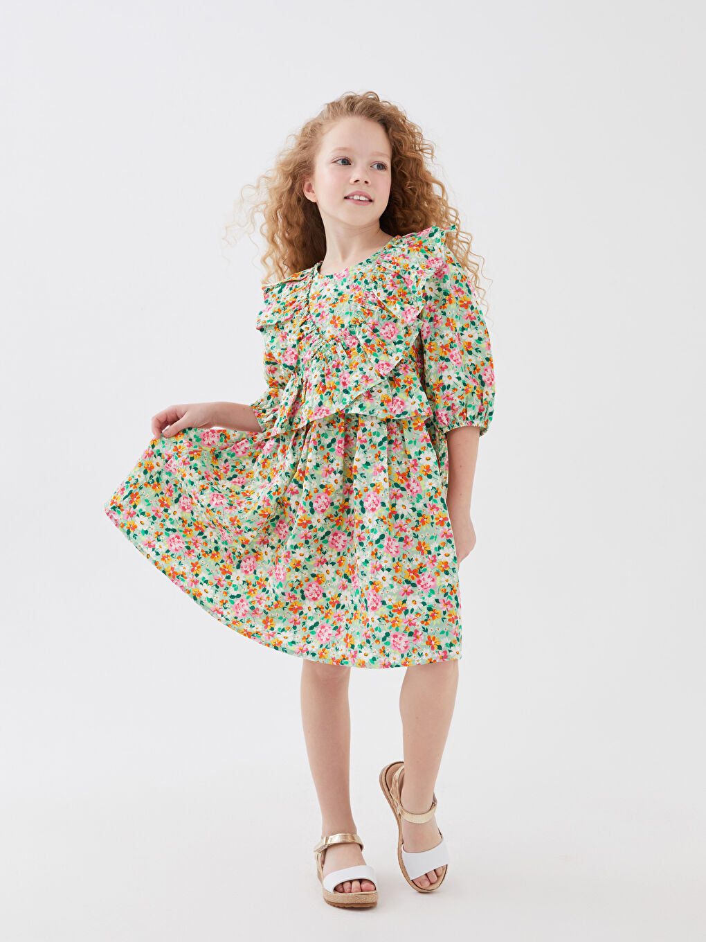 Yeşil Bisiklet Yaka Desenli Kız Çocuk Elbise-2