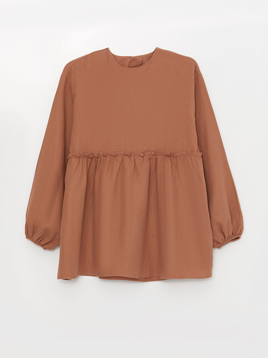 Kahverengi Bisiklet Yaka Düz Uzun Kollu Müslin Kadın Tunik-4