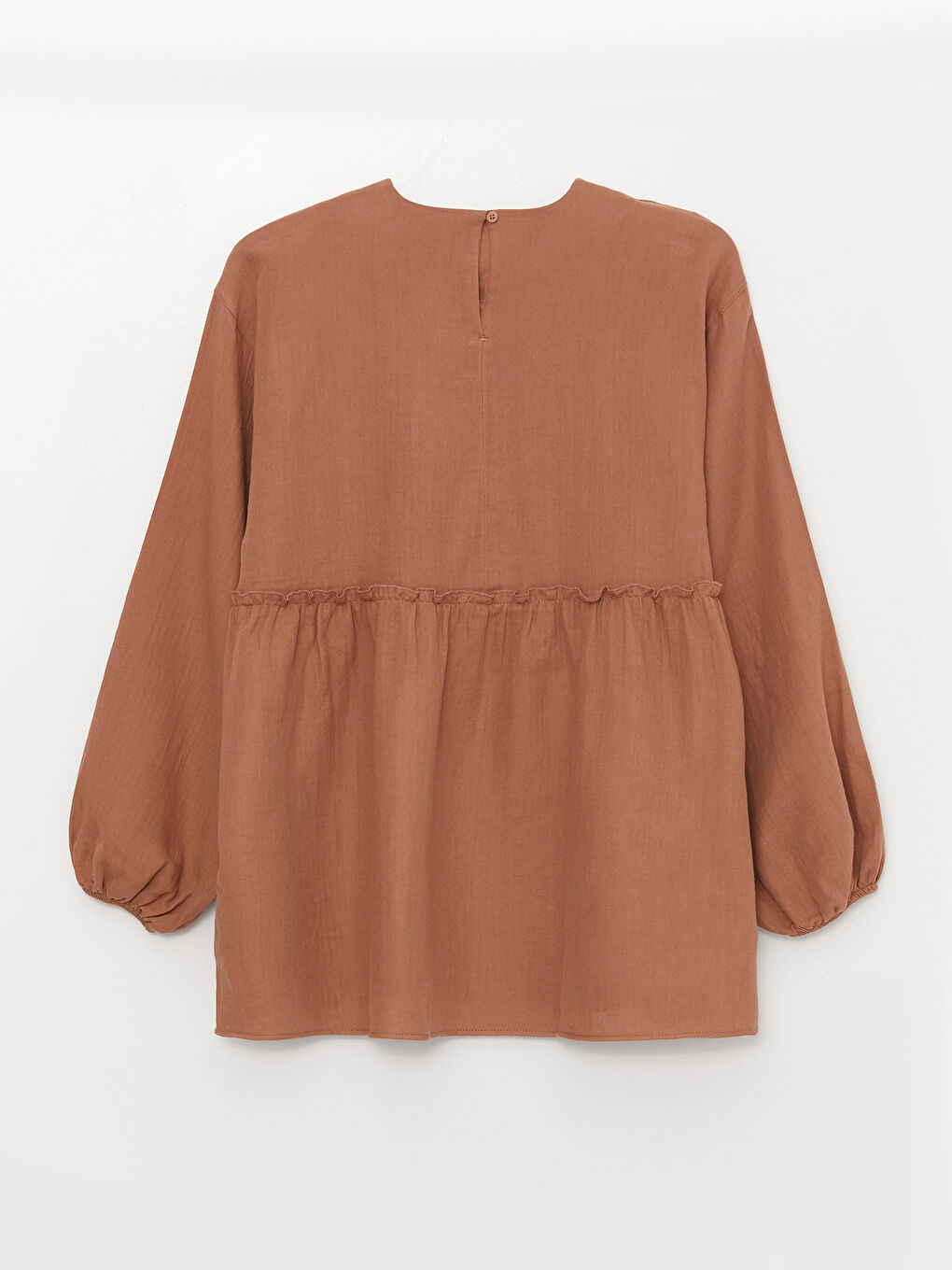Kahverengi Bisiklet Yaka Düz Uzun Kollu Müslin Kadın Tunik-5