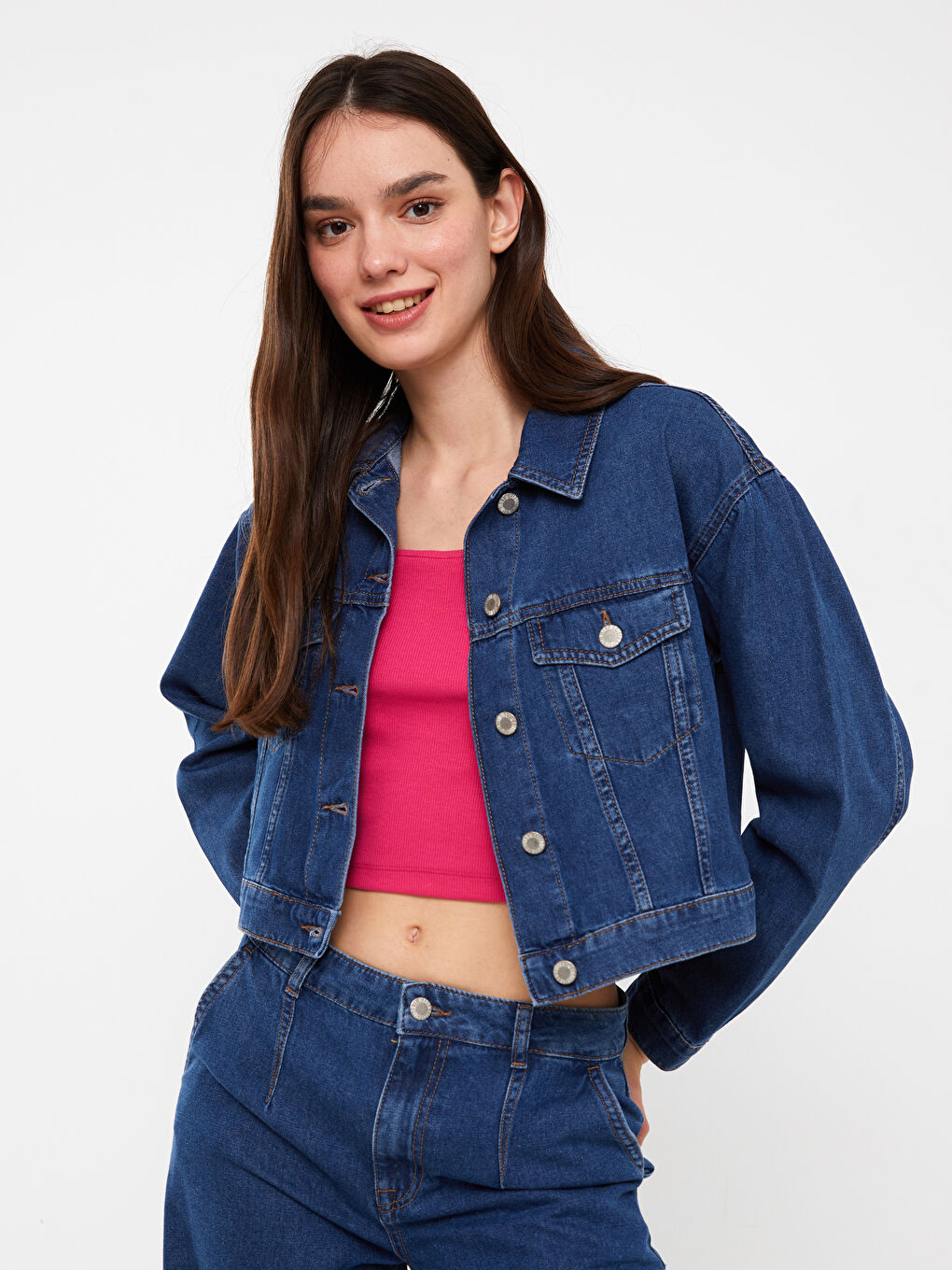 Veste en jean courte à col pour Femmes
