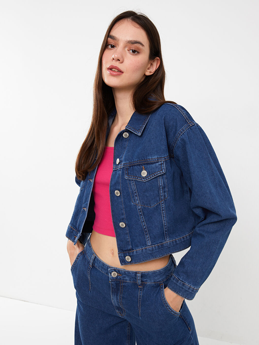 Veste en jean courte à col pour Femmes-1