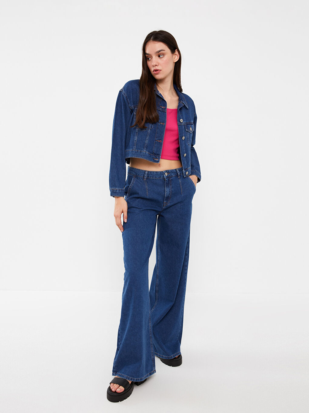 Veste en jean courte à col pour Femmes-2