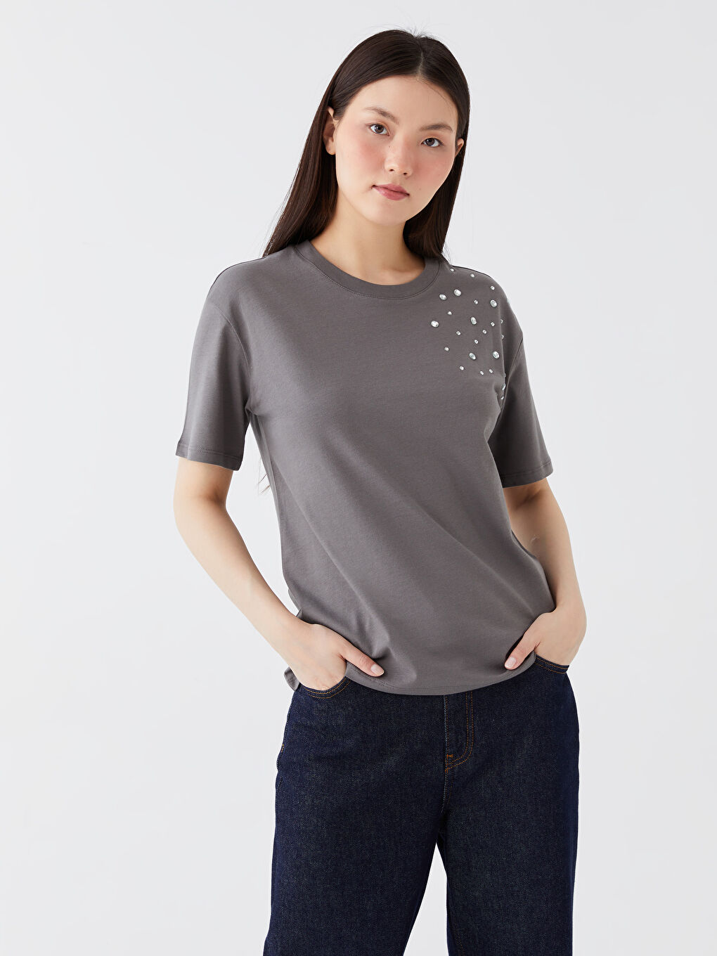 Crew Neck Rhinestone Embellished Short Sleeve Women's T-Shirt