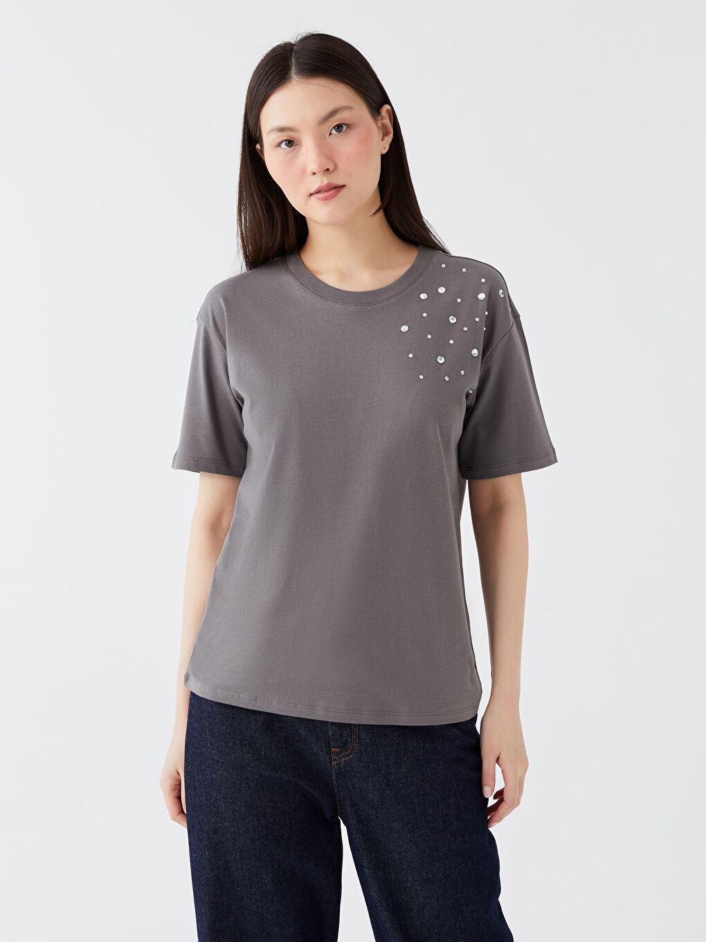 Crew Neck Rhinestone Embellished Short Sleeve Women's T-Shirt-1