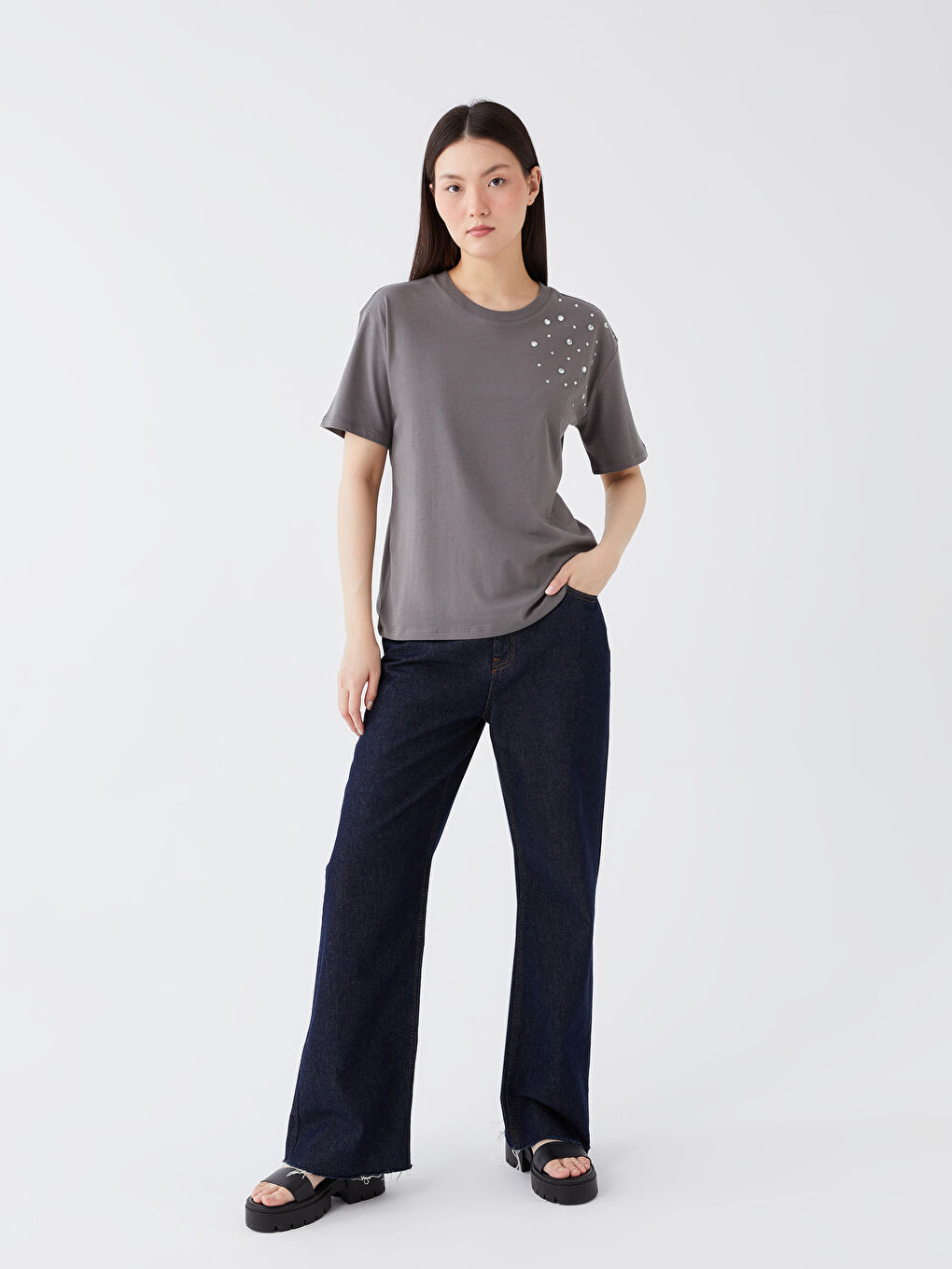 Crew Neck Rhinestone Embellished Short Sleeve Women's T-Shirt-2