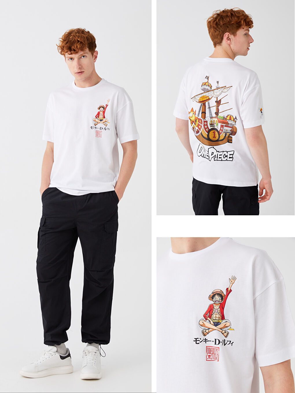 Beyaz Bisiklet Yaka Kısa Kollu One Piece Baskılı Penye Erkek Tişört