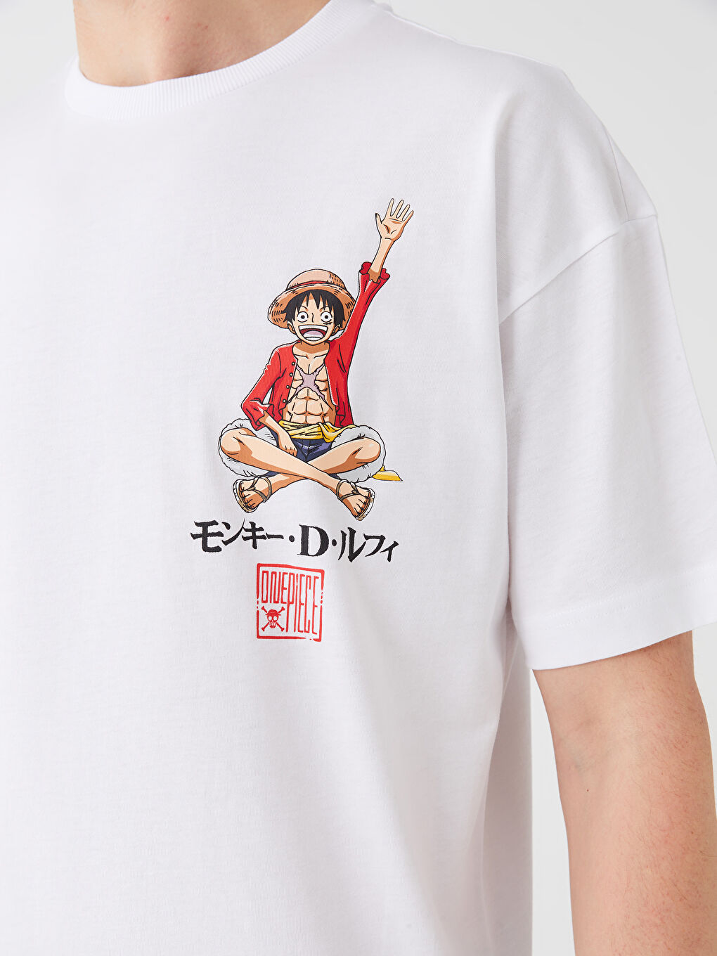 Beyaz Bisiklet Yaka Kısa Kollu One Piece Baskılı Penye Erkek Tişört-4