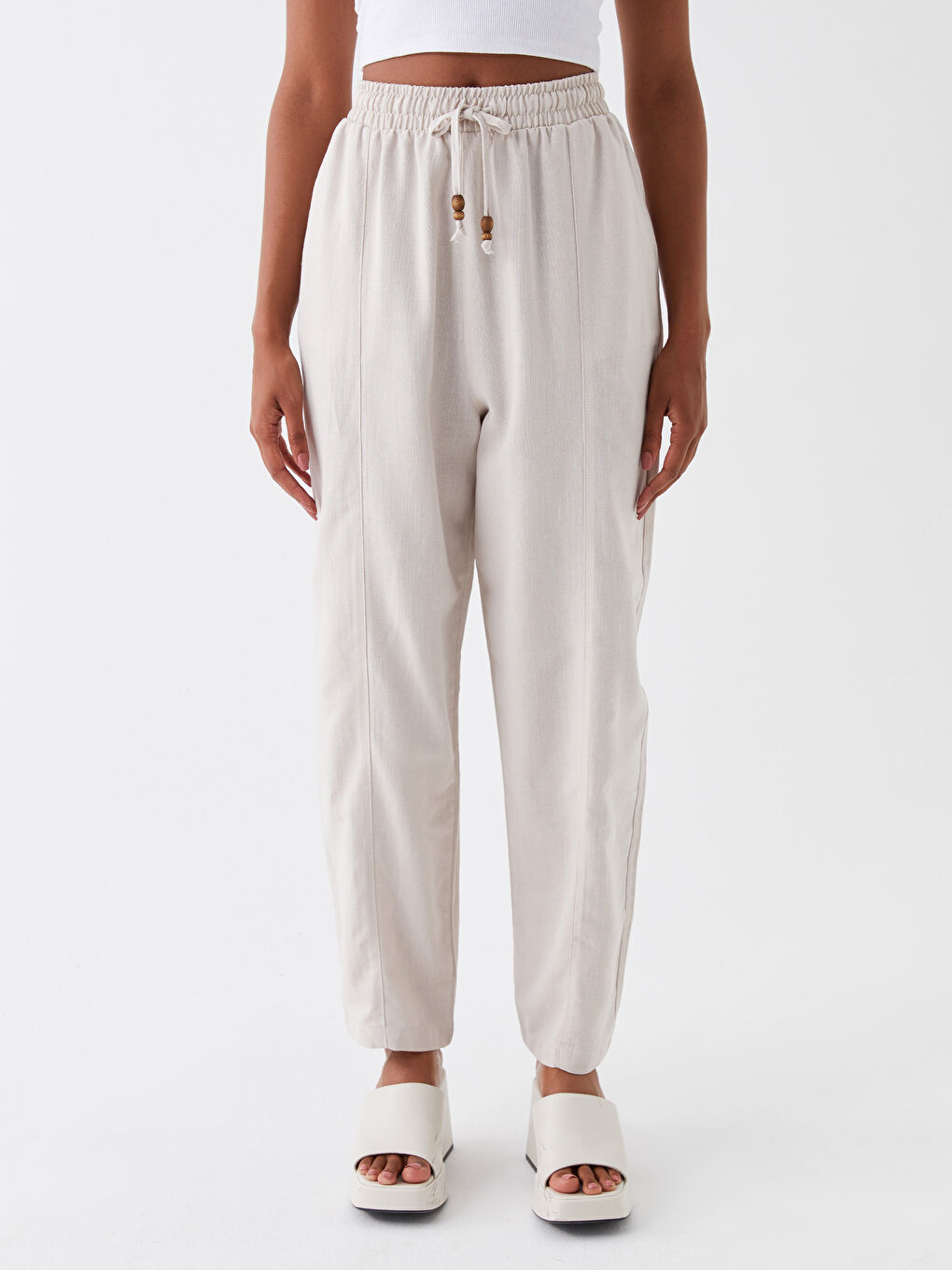 Ekru Rahat Kalıp Düz Keten Karışımlı Kadın Pantolon-3