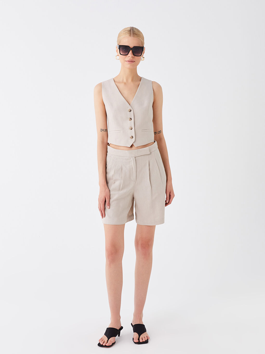 Bej V Yaka Düz Keten Karışımlı Kadın Yelek-2