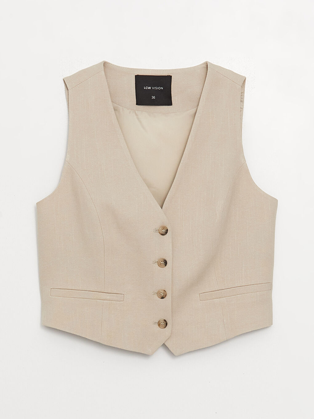 Bej V Yaka Düz Keten Karışımlı Kadın Yelek-5