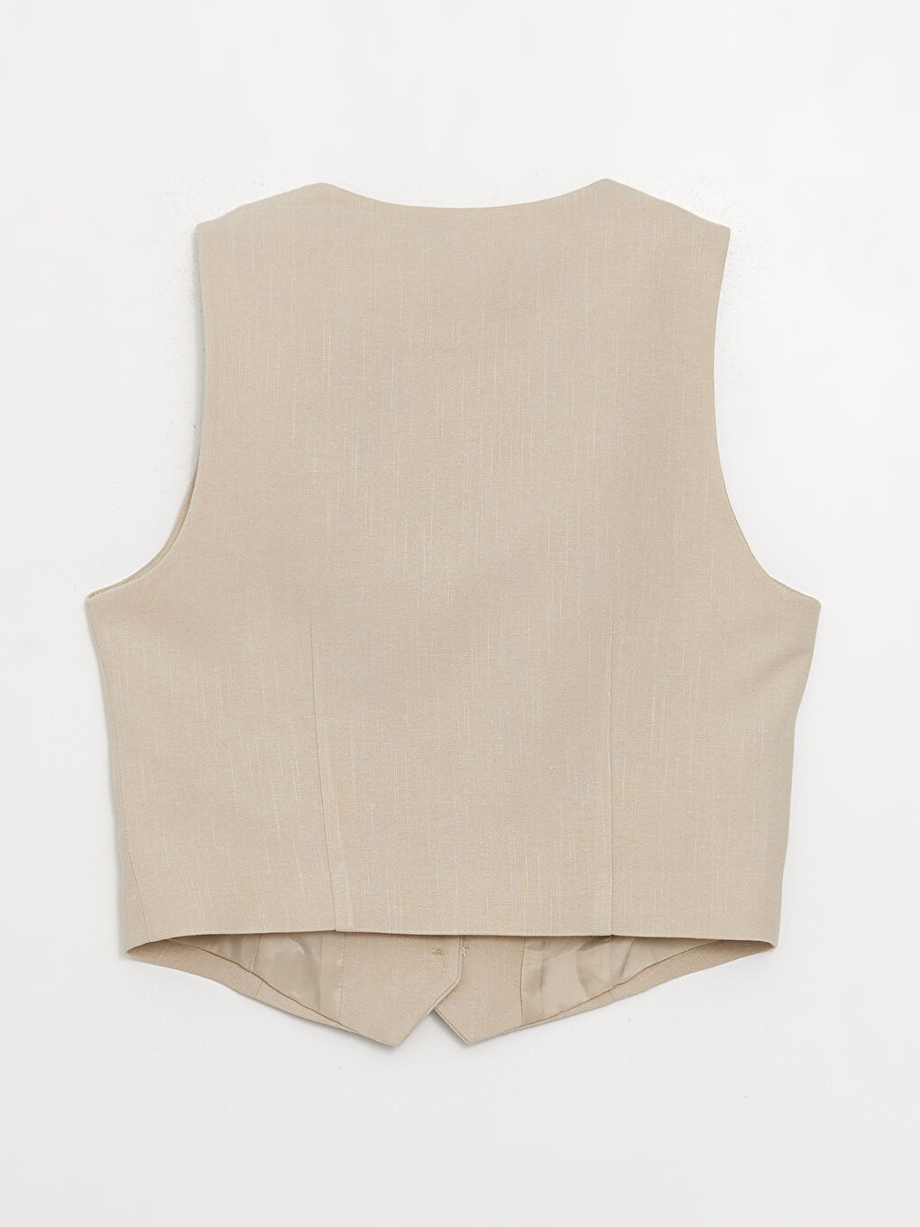 Bej V Yaka Düz Keten Karışımlı Kadın Yelek-6