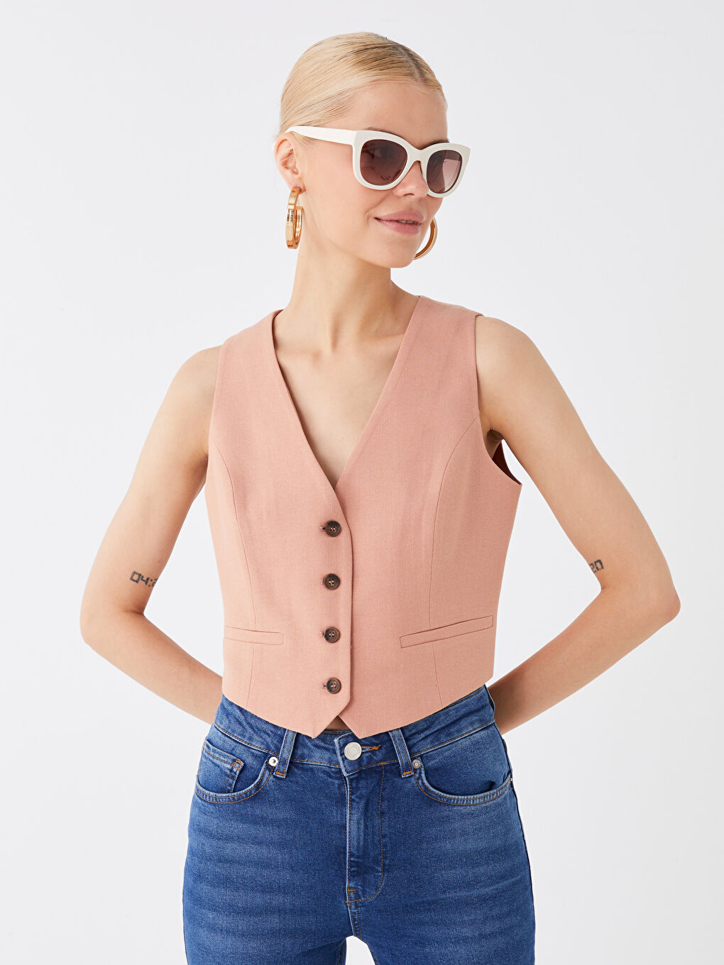 Kahverengi V Yaka Düz Keten Karışımlı Kadın Yelek