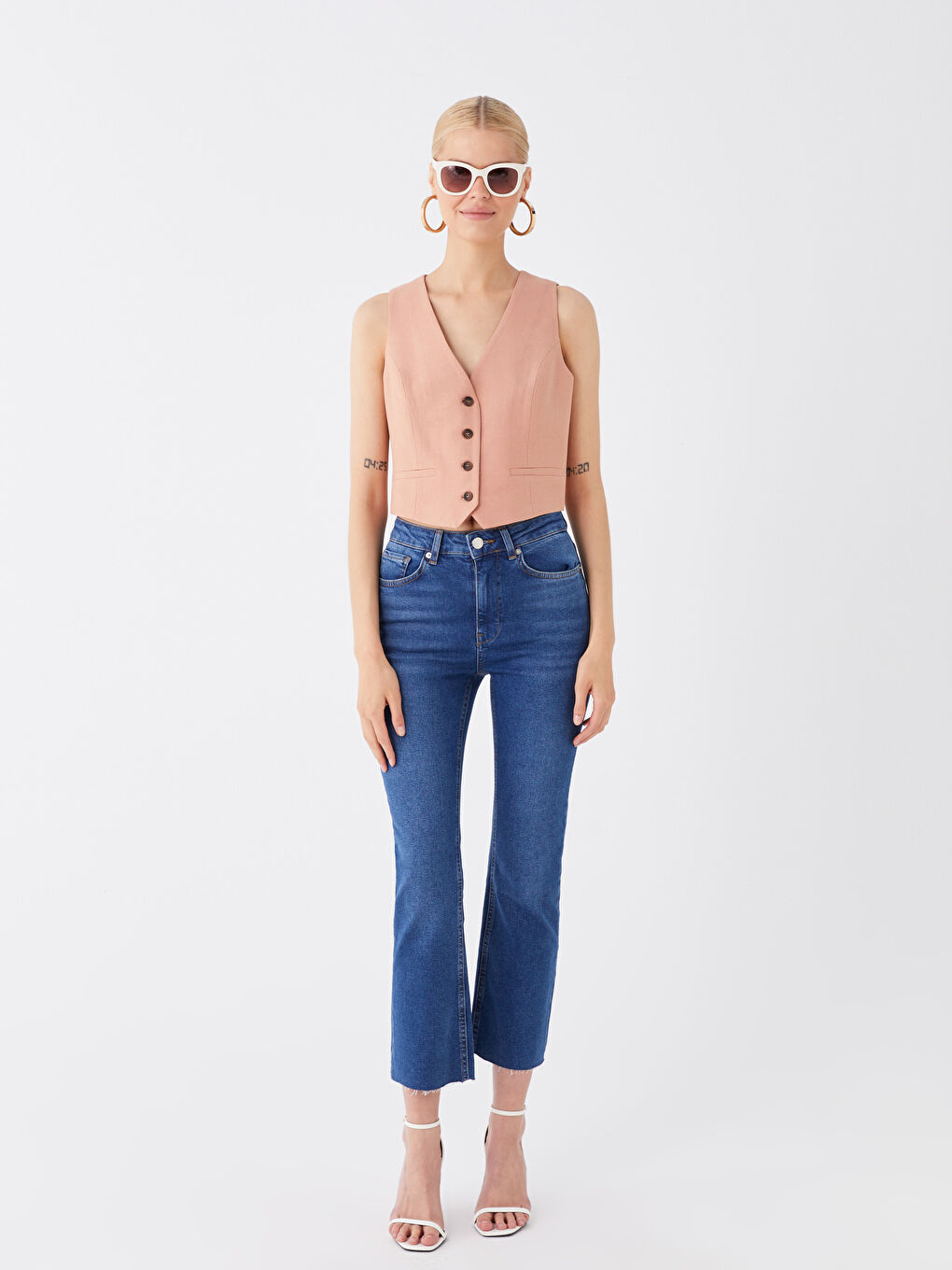 Kahverengi V Yaka Düz Keten Karışımlı Kadın Yelek-2