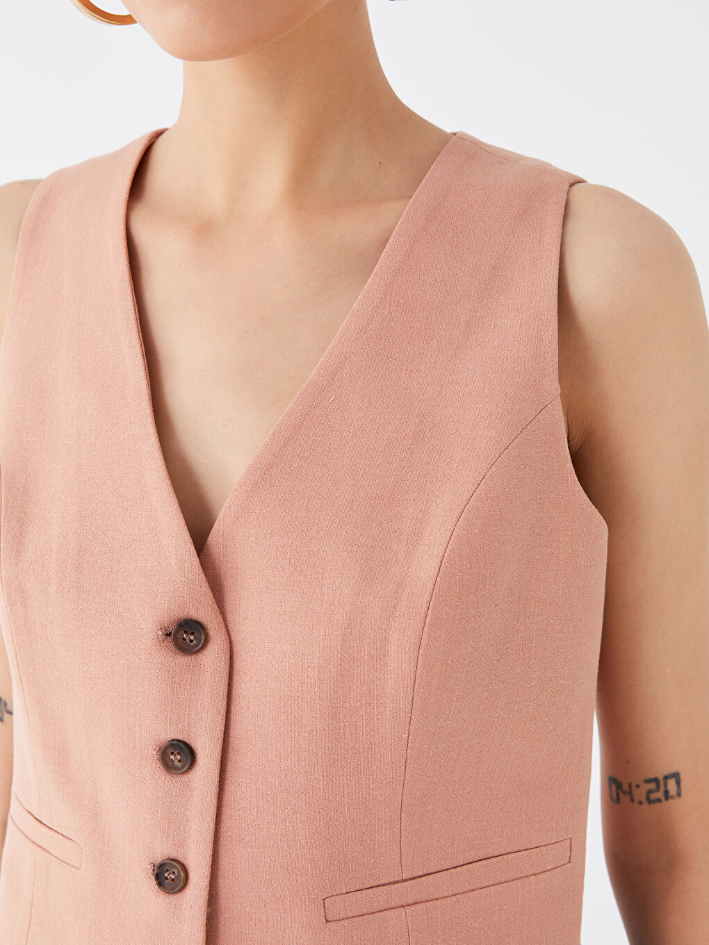 Kahverengi V Yaka Düz Keten Karışımlı Kadın Yelek-3