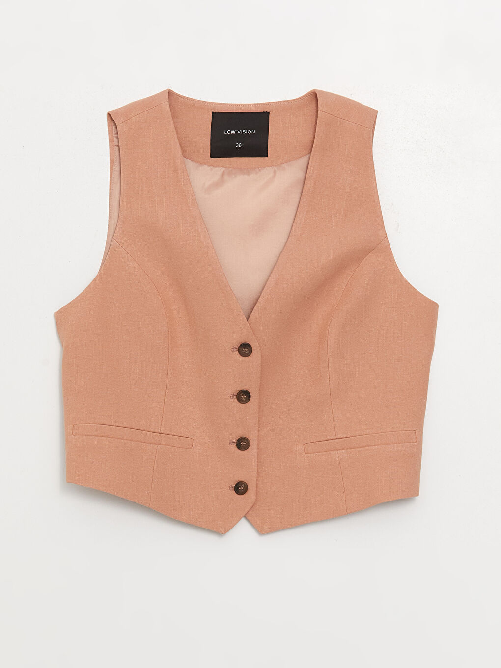 Kahverengi V Yaka Düz Keten Karışımlı Kadın Yelek-5