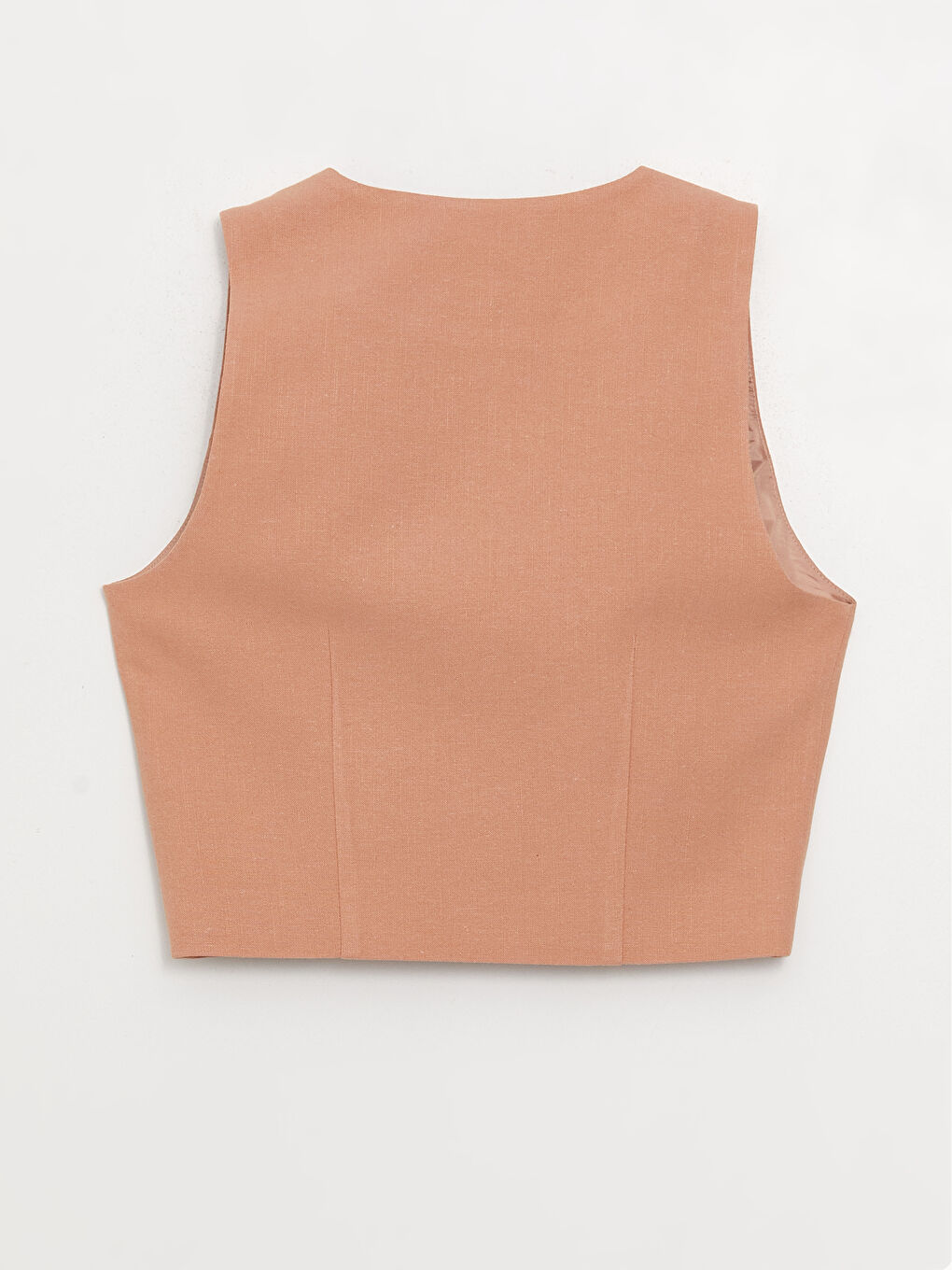 Kahverengi V Yaka Düz Keten Karışımlı Kadın Yelek-6