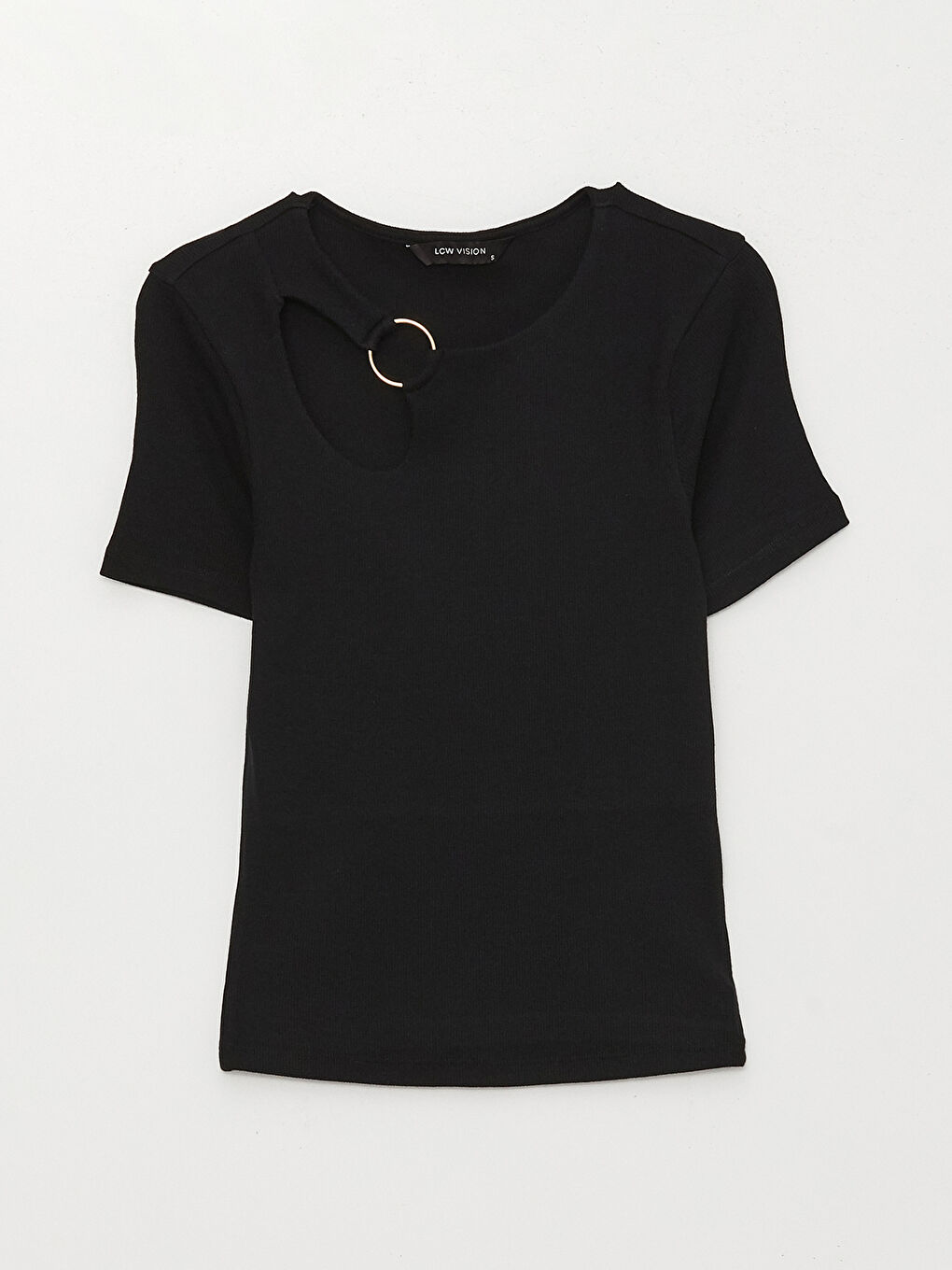 Siyah Bisiklet Yaka Düz Kısa Kollu Kadın Tişört-5