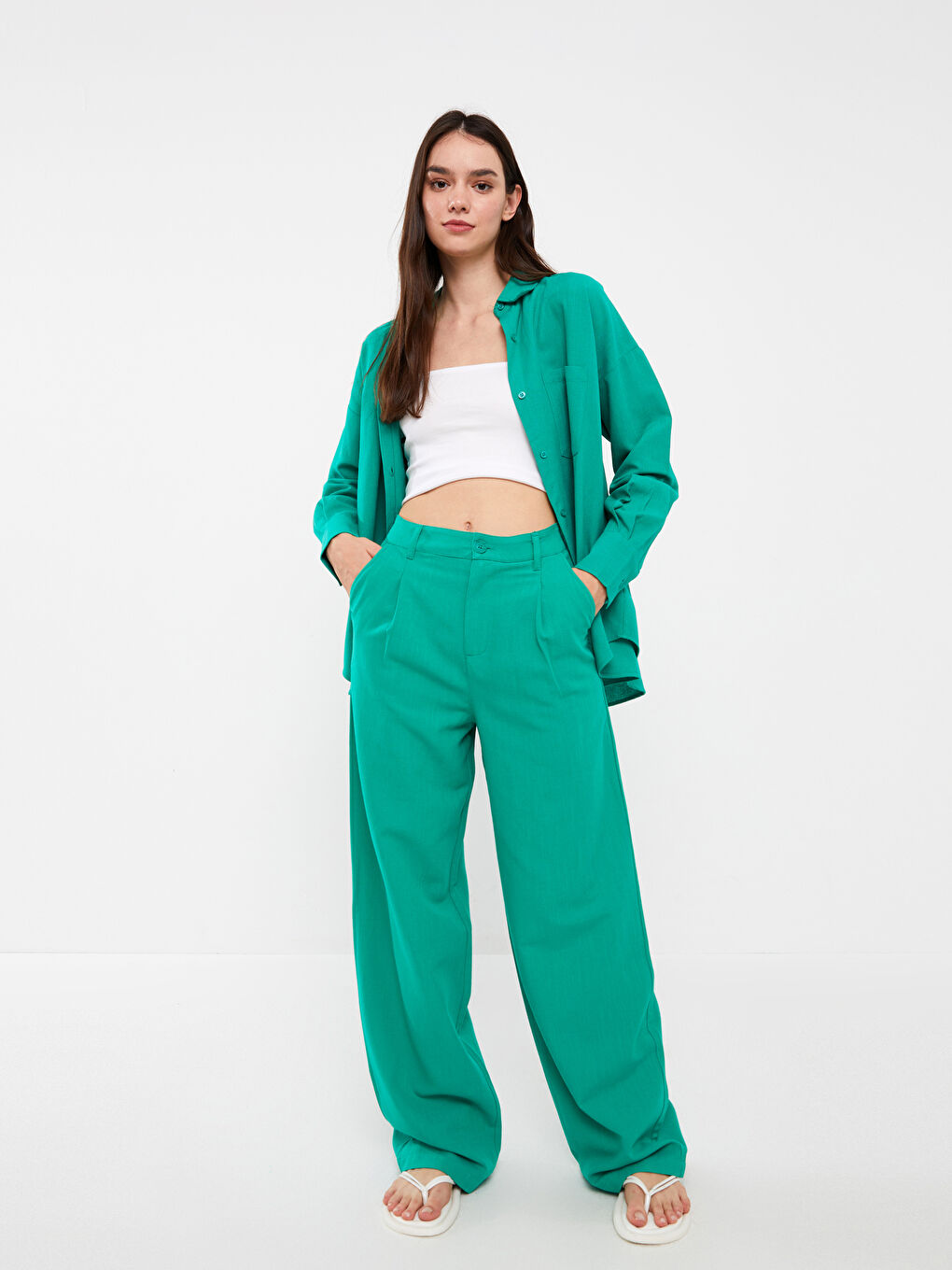 Yeşil Rahat Kalıp Düz Keten Karışımlı Kadın Pantolon
