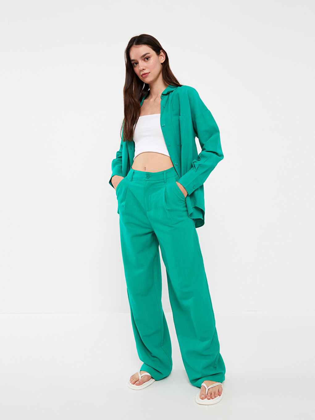 Yeşil Rahat Kalıp Düz Keten Karışımlı Kadın Pantolon-1