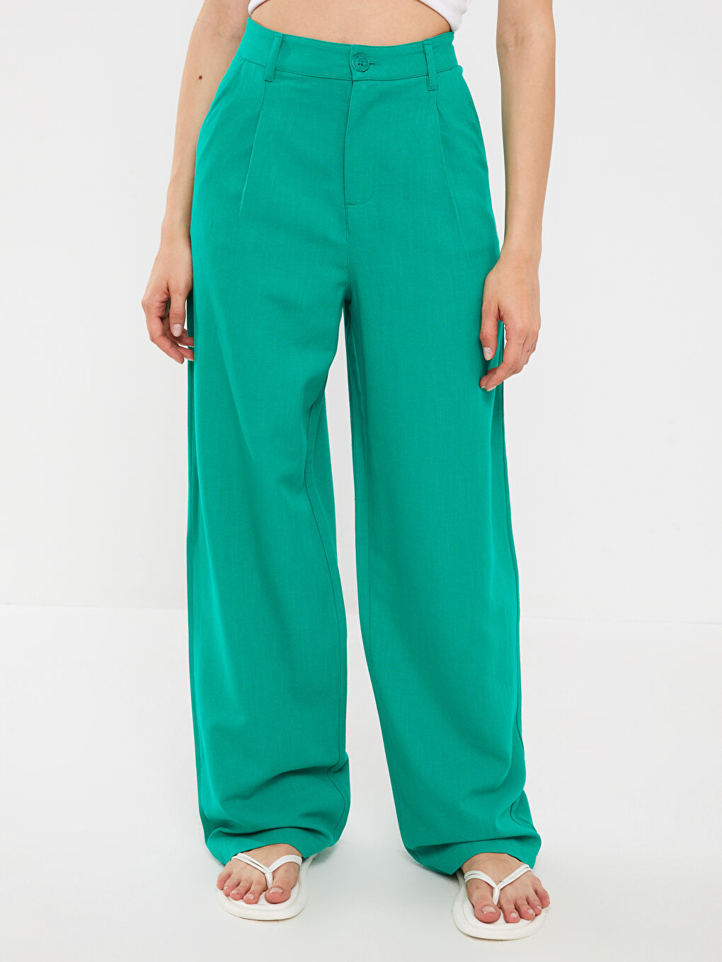 Yeşil Rahat Kalıp Düz Keten Karışımlı Kadın Pantolon-2