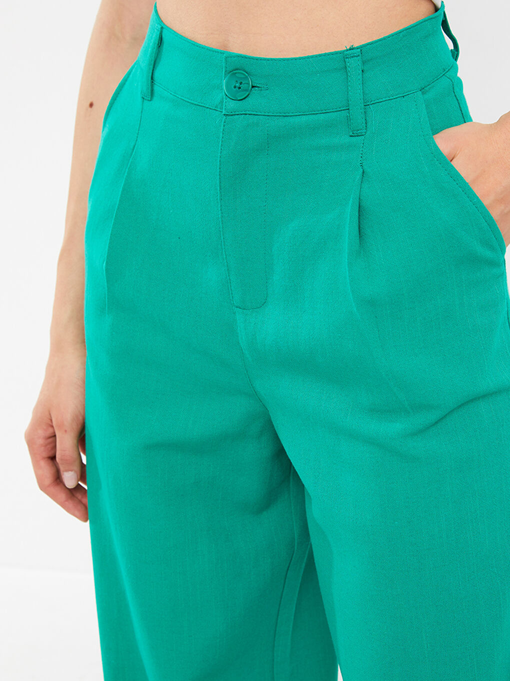 Yeşil Rahat Kalıp Düz Keten Karışımlı Kadın Pantolon-3