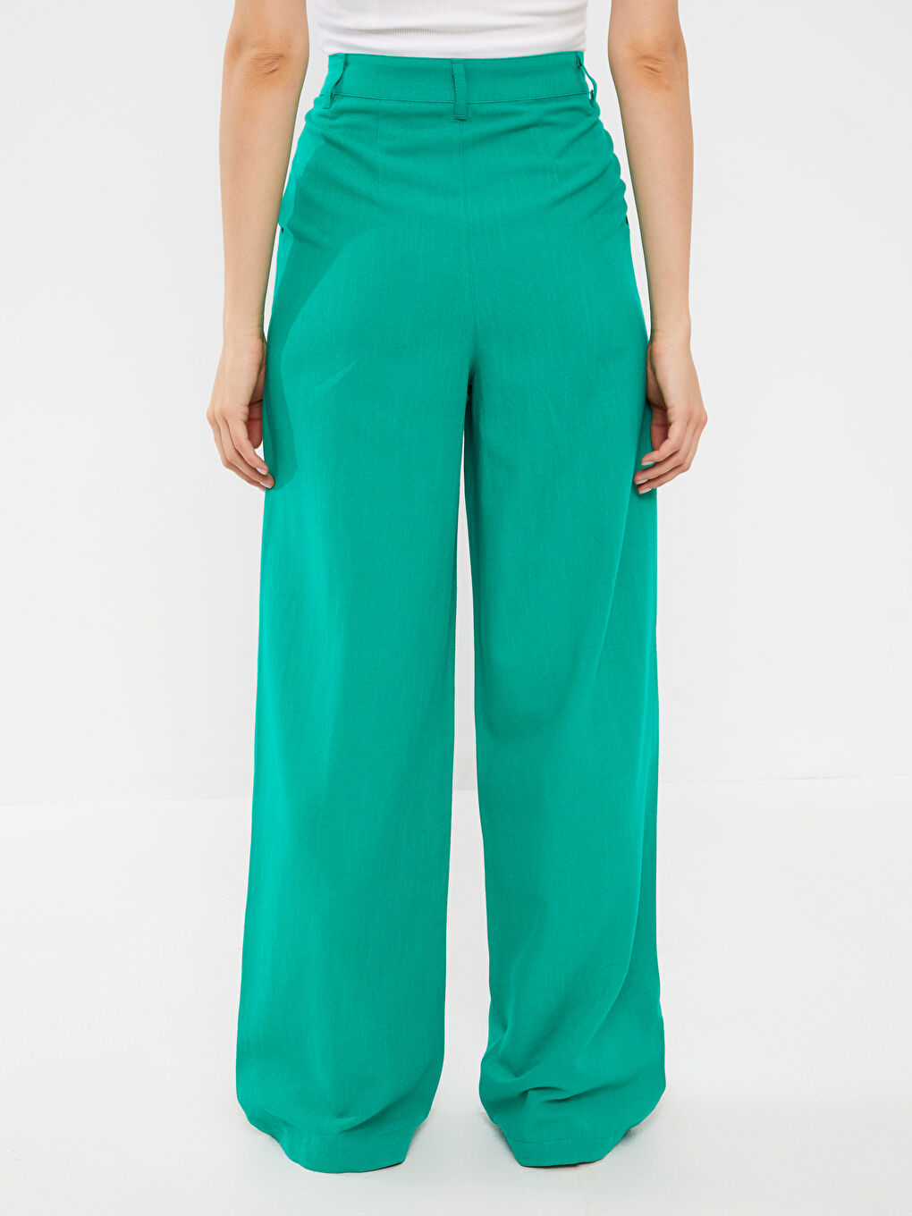 Yeşil Rahat Kalıp Düz Keten Karışımlı Kadın Pantolon-4