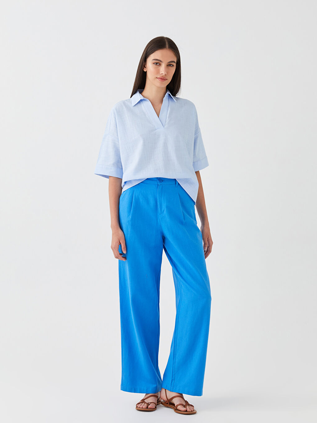 Relaxed Fit Plain Linen Blend Women's Trousers