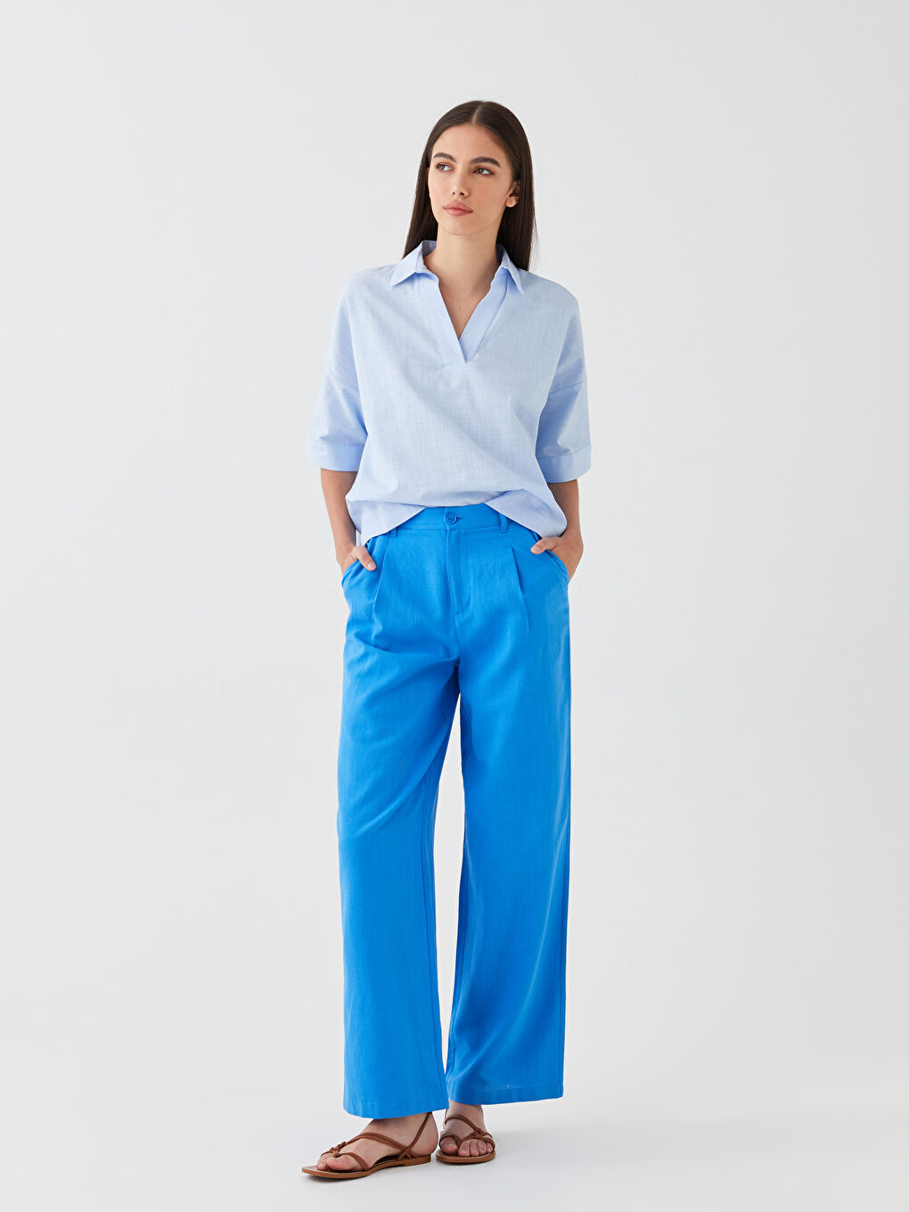 Relaxed Fit Plain Linen Blend Women's Trousers-1