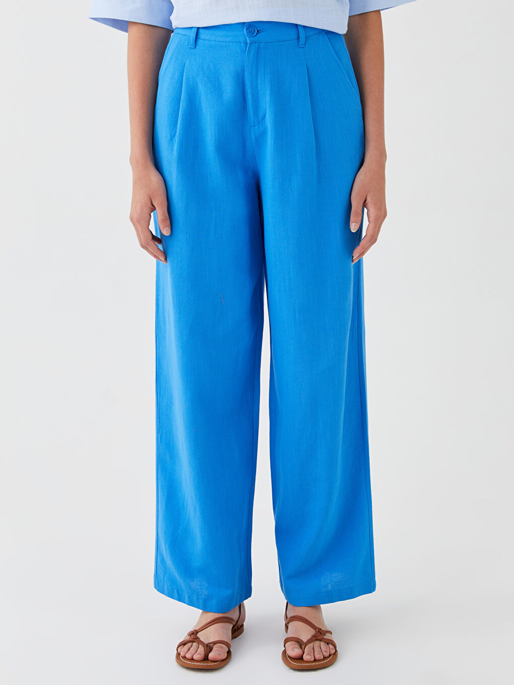 Relaxed Fit Plain Linen Blend Women's Trousers-2