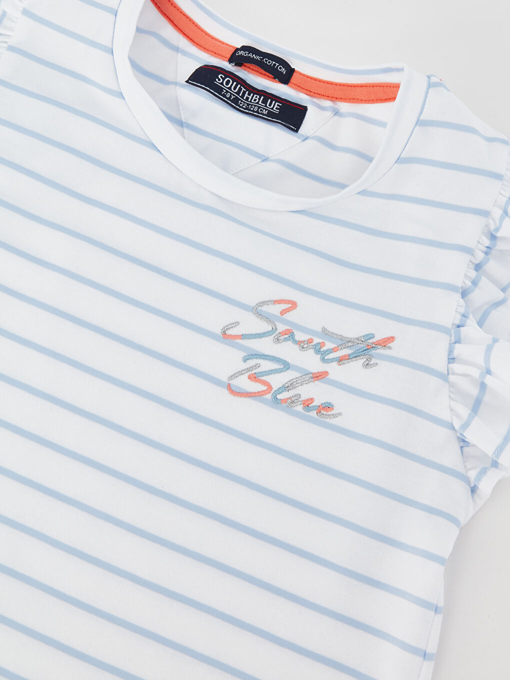 Mavi Bisiklet Yaka Çizgili Kısa Kollu Kız Çocuk Tişört-2