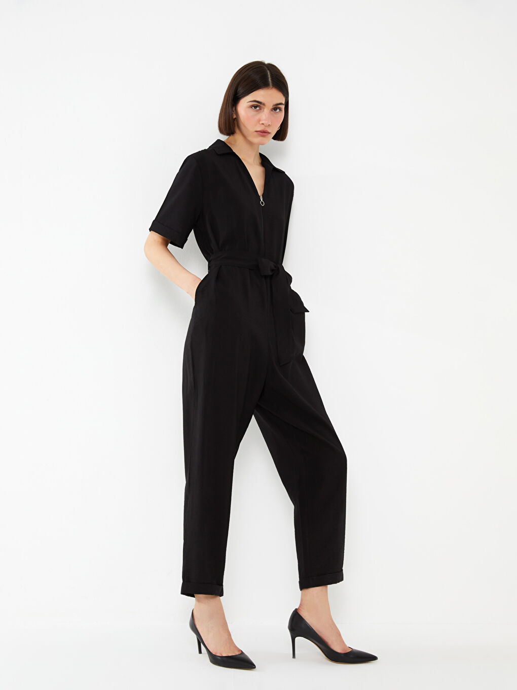 Collared Neck Plain Short Sleeve Women's Jumpsuit -S3H028Z8-CVL