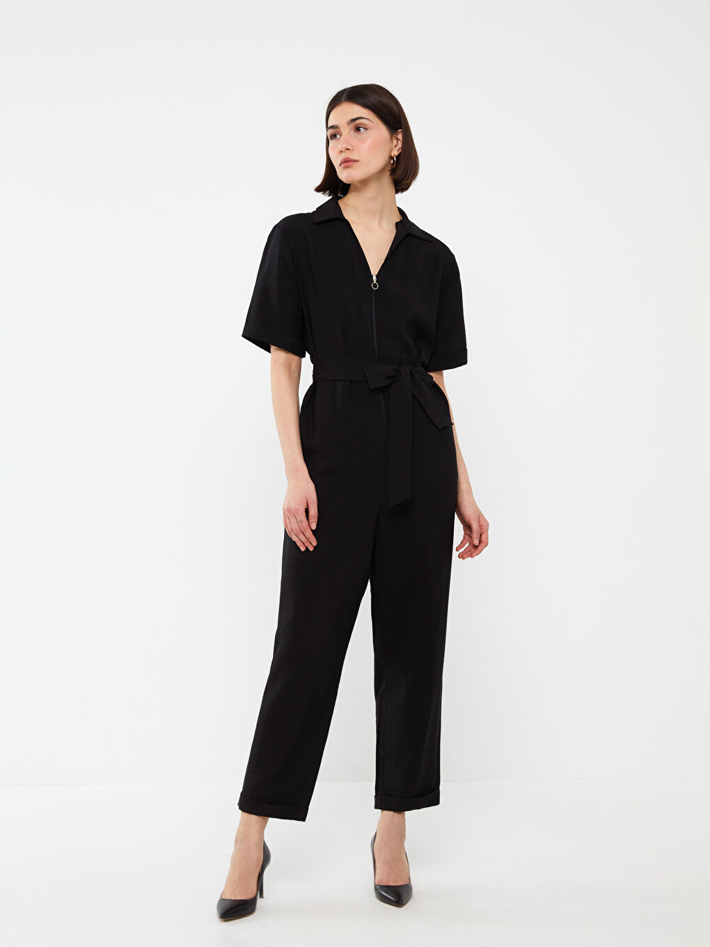 Collared Neck Plain Short Sleeve Women's Jumpsuit -S3H028Z8-CVL