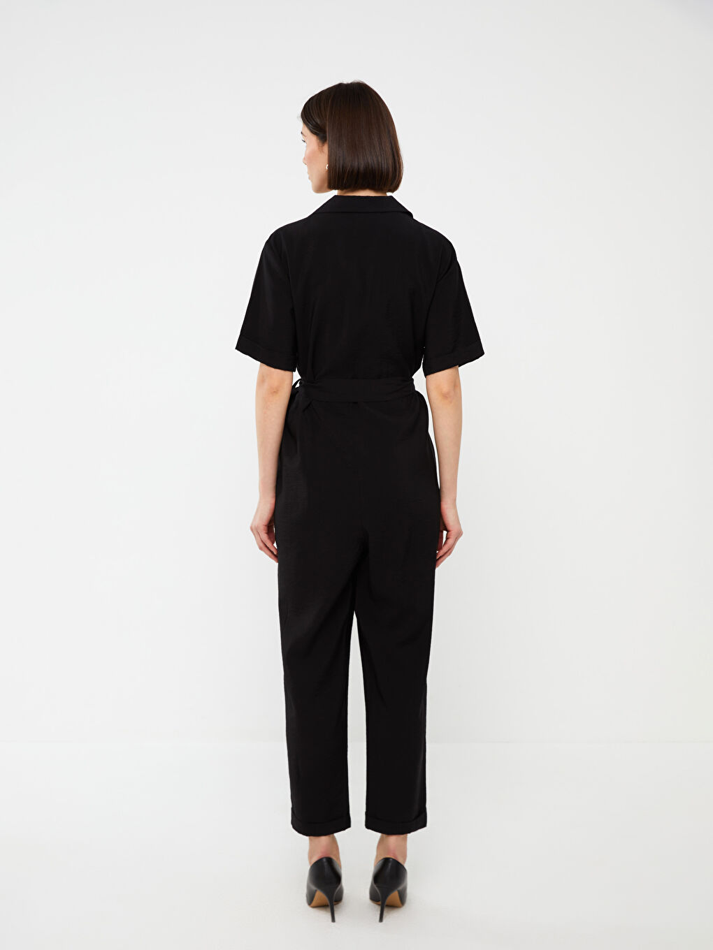 Collared Neck Plain Short Sleeve Women's Jumpsuit -S3H028Z8-CVL