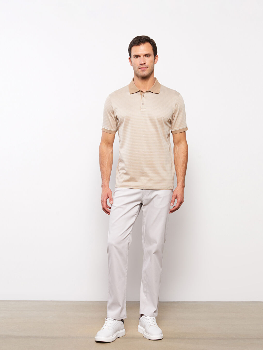 Bej Merserize Polo Yaka Kısa Kollu Erkek Tişört-1