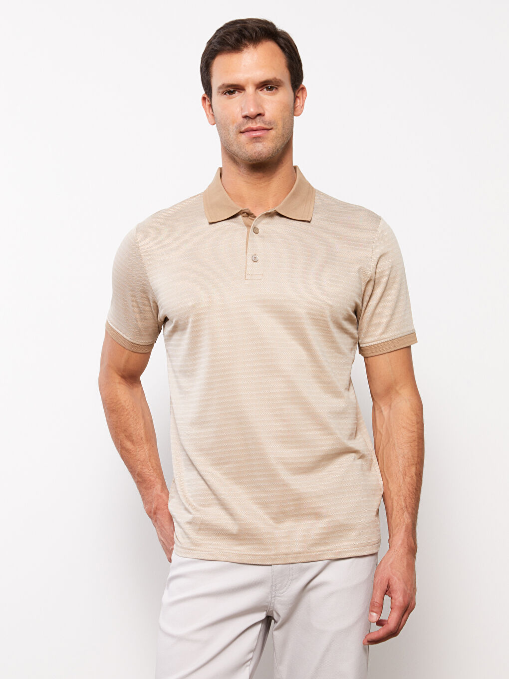 Bej Merserize Polo Yaka Kısa Kollu Erkek Tişört-2