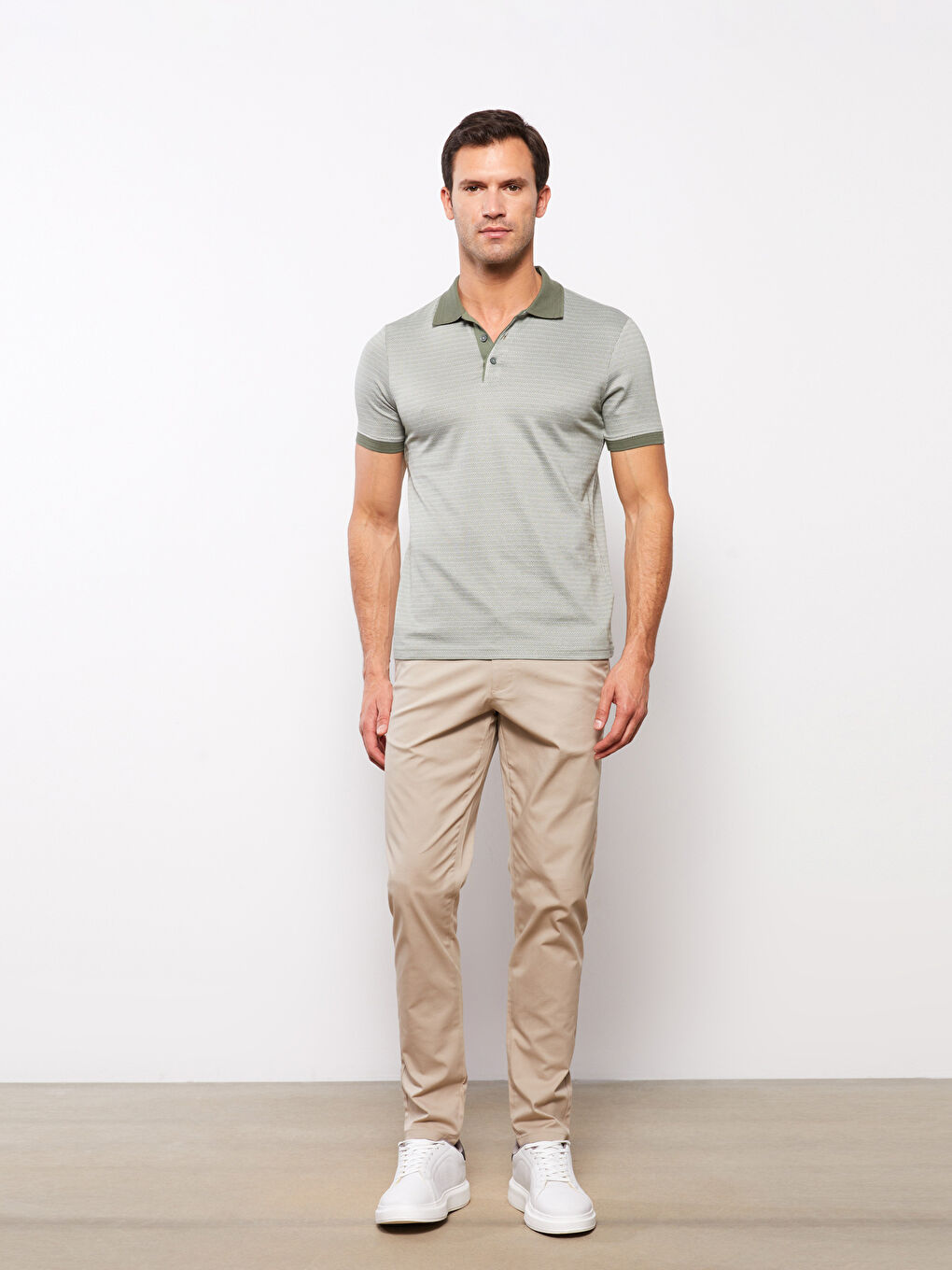 Haki Merserize Polo Yaka Kısa Kollu Erkek Tişört-1