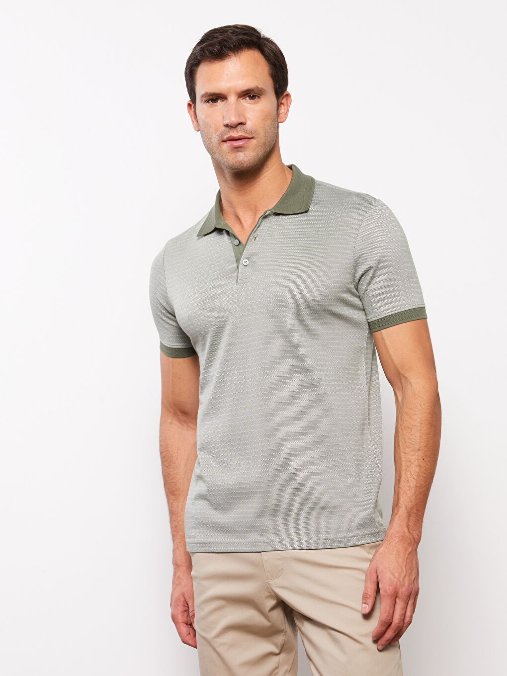 Haki Merserize Polo Yaka Kısa Kollu Erkek Tişört-2