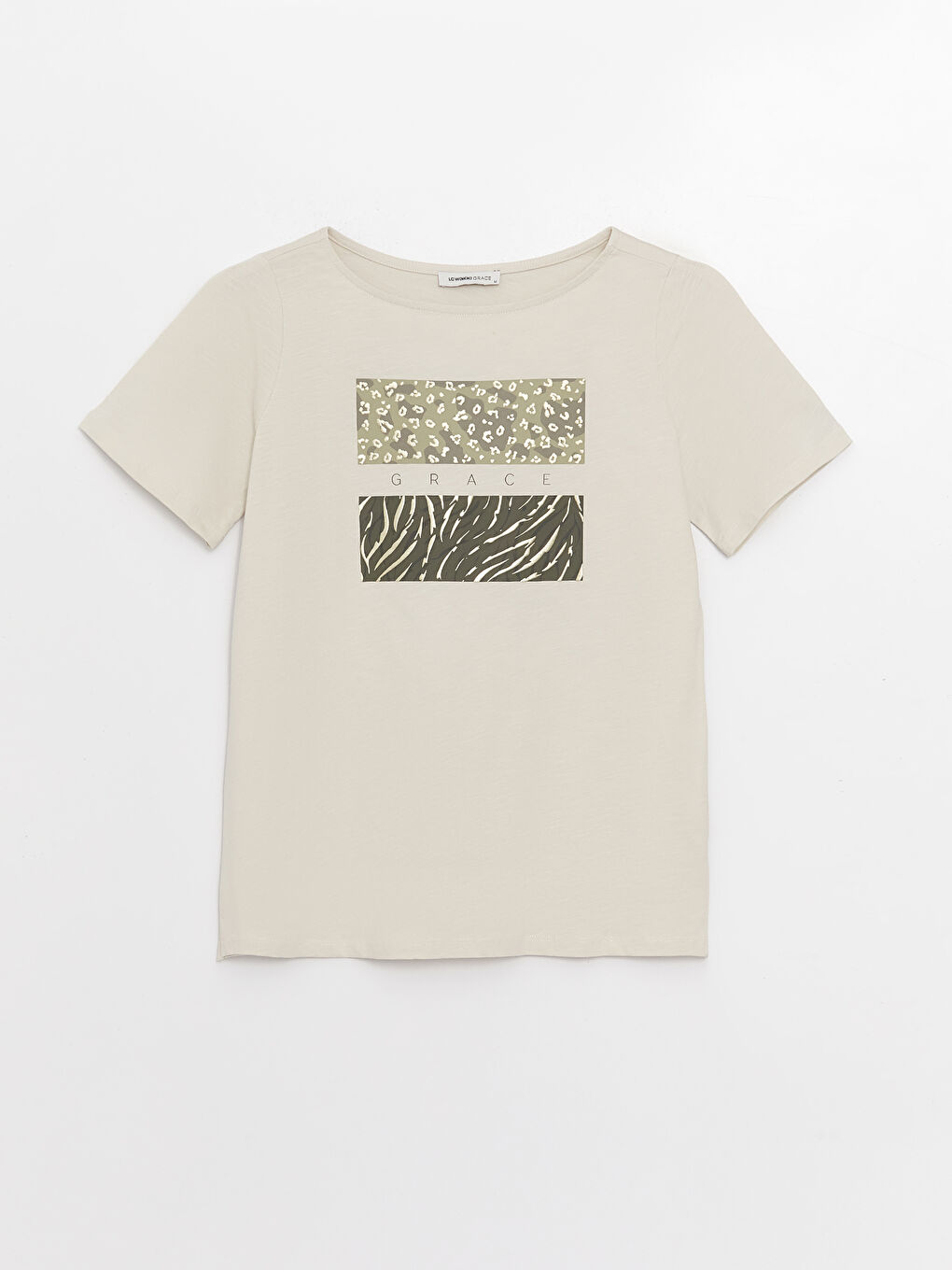 Bej Bisiklet Yaka Baskılı Kısa Kollu Kadın Tişört-5